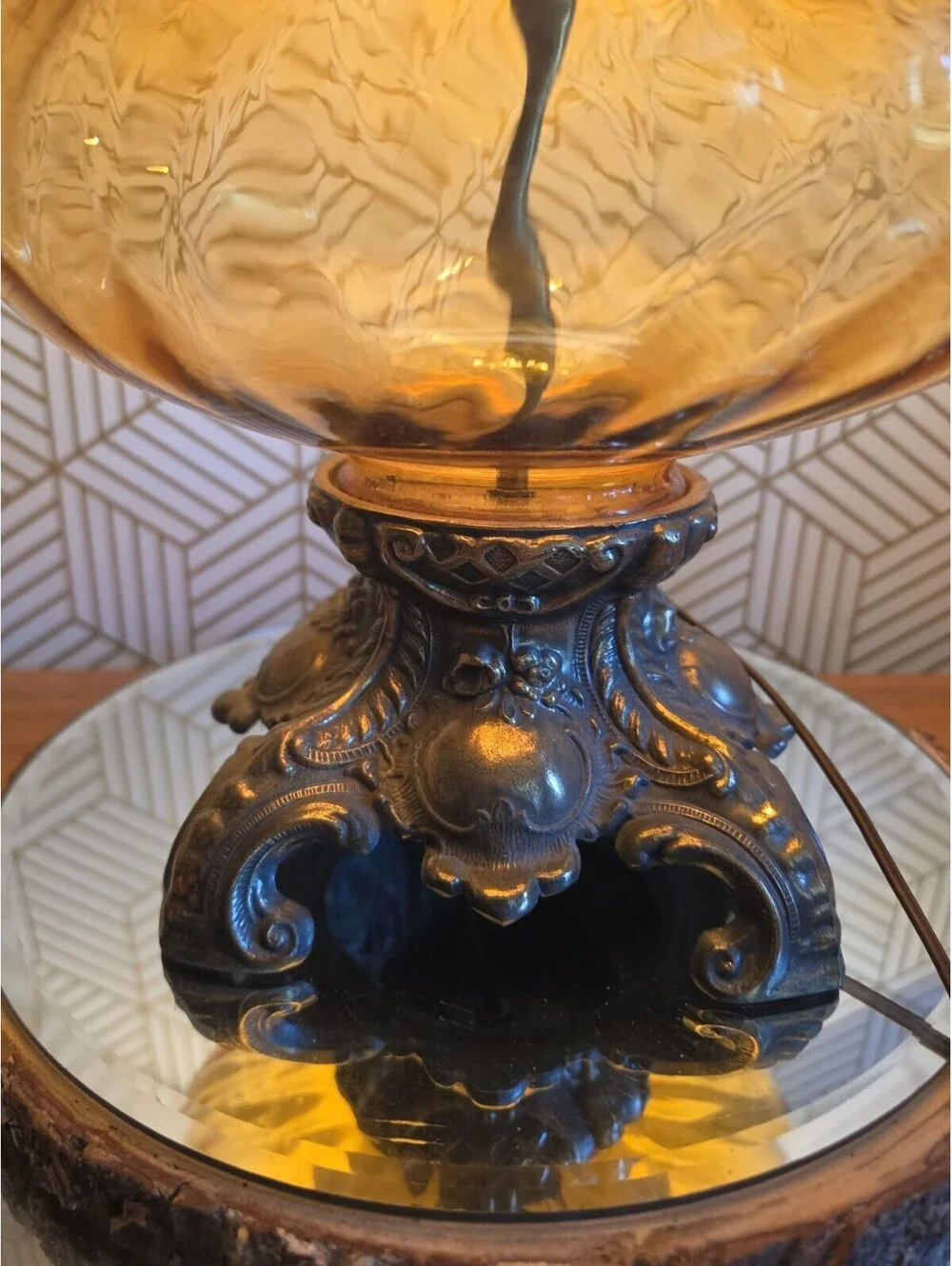 Vintage Midcentury Hollywood Regency Amber Glass Optic Swirl Globe Table Lamp